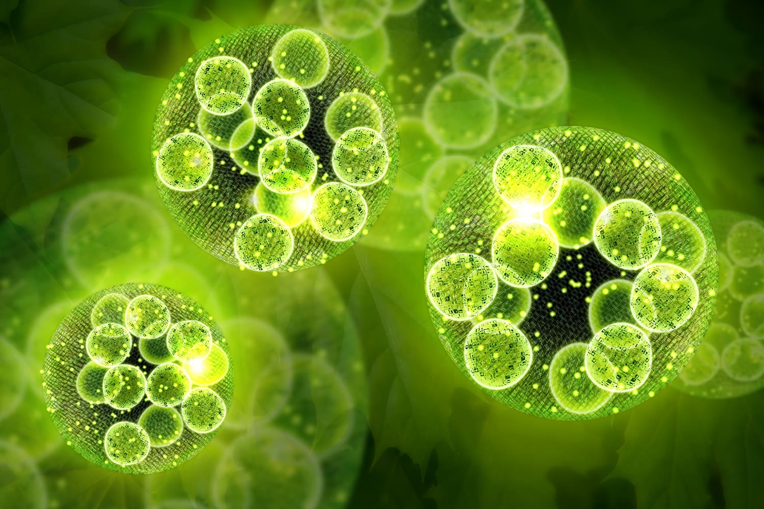Green single cell chlorella algae microscopic conceptual 3D illustration
